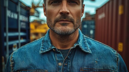 Obraz premium Close-up Portrait of a Man in a Denim Shirt Against a Shipping Container Background