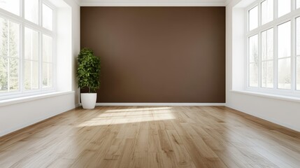Fototapeta premium Bright room with large window showcasing natural light and a green plant in the corner for interior design