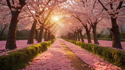 Naklejka premium Bright and Unique Spring Landscape. Colorful Nature Background with Flowers and Greenery for Design, Creativity, and Inspiration