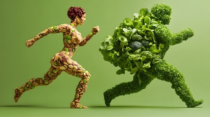 Fototapeta premium Energetic Motion vs Indulgent Stagnation - Contrasting Figures of Greens and Sweets