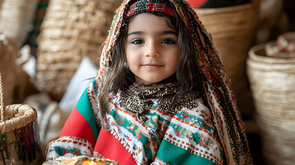 Young girl in traditional Middle Eastern attire, market setting