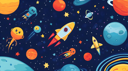 Naklejka premium theme vector background featuring cartoon planets, rockets, and friendly aliens 