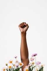 Raised fist emerges from vibrant flowers, symbolizing strength a