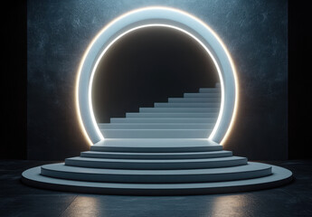 White Steps Leading to a Glowing Circular Portal in a Dark Cosmic Setting