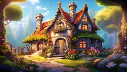 Obraz premium charming fairytale cottage illustration with whimsical architecture and detailed design generative ai