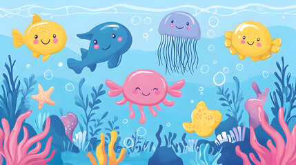 world vector background with smiling sea creatures like fish, jellyfish, and starfish 
