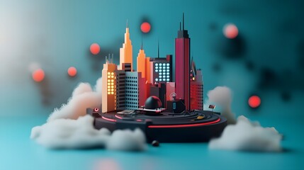 Glowing high tech skyscrapers suspended in a vibrant neon drenched cityscape conveying a sense of advanced futuristic technology and urban innovation