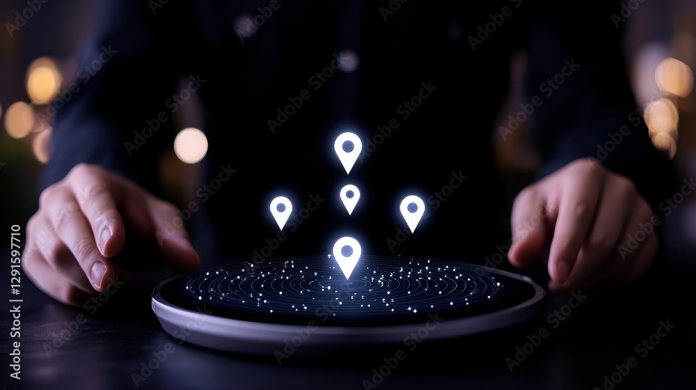 Wall mural a person interacts with a digital interface displaying location markers.