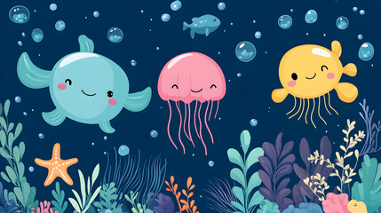 world vector background with smiling sea creatures like fish, jellyfish, and starfish 