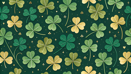 A repeating pattern of green and gold shamrocks, St. Patrick's Day