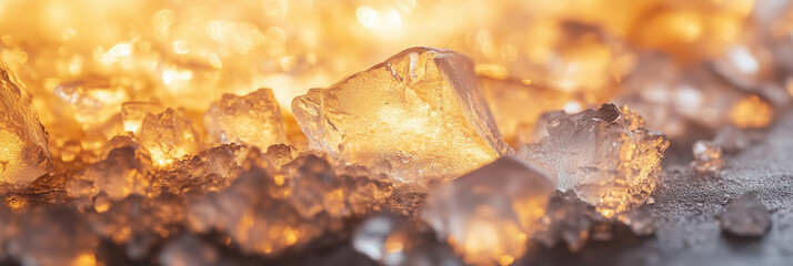 Fototapeta premium Mesmerizing macro shot of shattered ice pieces reflecting warm golden light