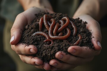 a person holding a pile of soil with worms in it