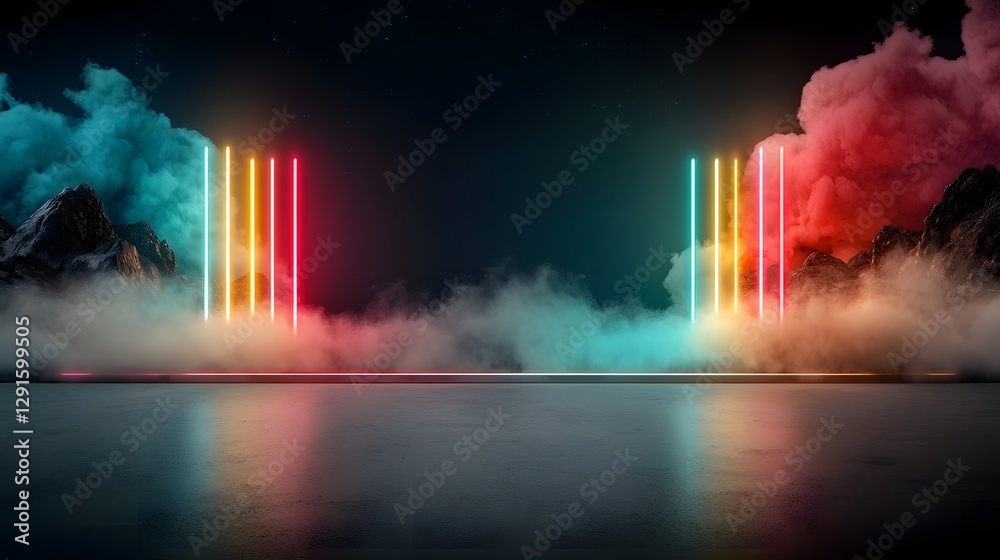 Poster glowing neon grids flowing from both sides in a captivating retrofuturistic synthwave landscape crea