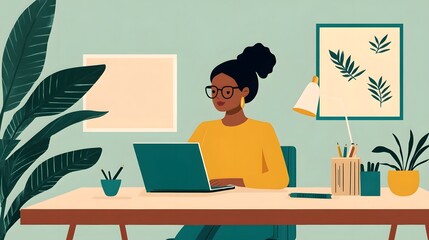 Fototapeta premium Young Woman Working Remotely in Stylish Home Office with Computer and Plants