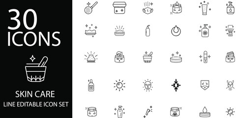 Skin Care Icon Set for Beauty, Moisturizers, Facial Treatments, and Cosmetics.
