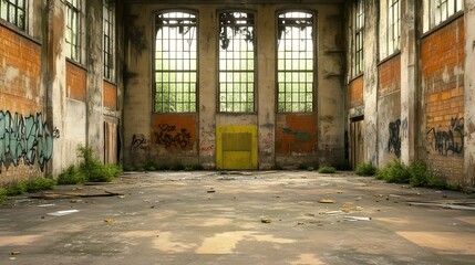 Fototapeta premium Grungy Abandoned Warehouse with Graffiti-Covered Walls and Scattered Debris