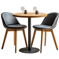 Modern wooden table with black chairs wine glasses and sugar set Romantic dinner setting, isolated on transparent background