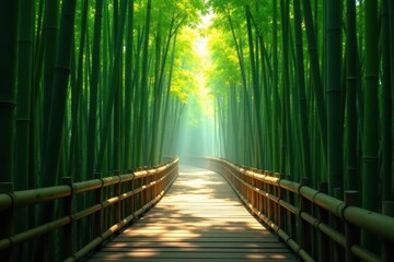 Elevated walkway through dense bamboo, dappled light, forest, summer, botanical