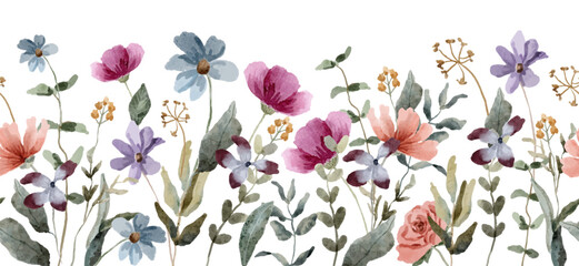 floral garden watercolor seamless border