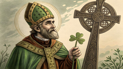 A vintage-style illustration of St. Patrick holding a shamrock, with a Celtic cross, St. Patrick's Day