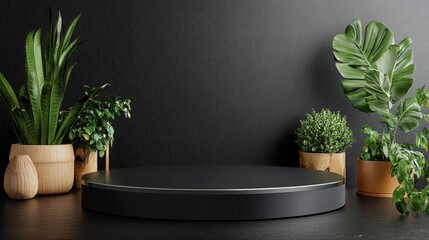 Black table holding a green plant and a photo frame in a modern interior setting