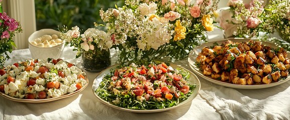 Sunny Buffet Table with Delicious Salads and Roasted Vegetables.
