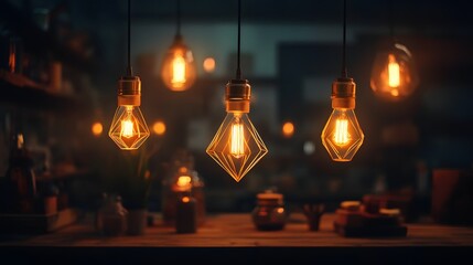 Warm Glow: A captivating shot captures the warm, inviting glow of decorative bulbs illuminating a rustic bar setting. The bulbs, suspended delicately, cast an ambient.