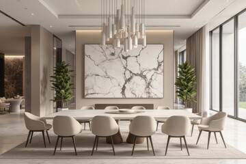 a modern dining room with marble walls and flooring