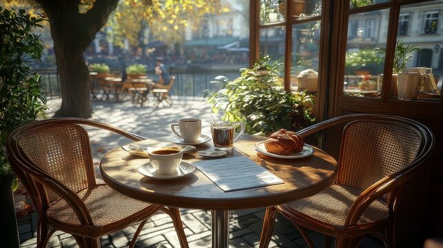 Parisian cafe breakfast table with canal view