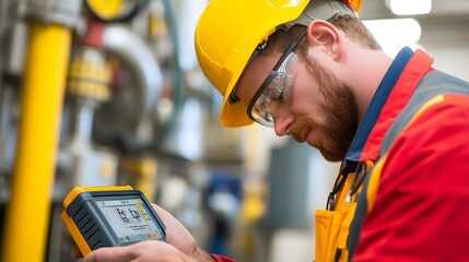 Industrial Worker Checking Air Readings on Digital Device in Factory Setting