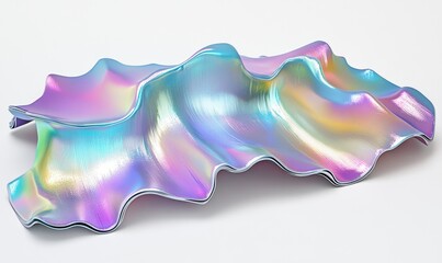 A vibrant, iridescent shell-shaped object resting on a white surface, reflecting colorful light