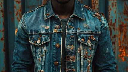 Distressed Denim Jacket - Close Up Detail Shot of a Worn Blue Jean Jacket