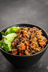 Rice lentil and vegetables snack fresh tasty food dish vegetarian vegan food no meat gourmet food background on the table rustic food top view copy space 