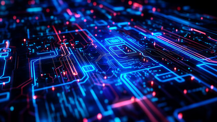 Obraz premium A vibrant circuit board concept featuring illuminated pathways on a dark backdrop. Technology, electronics, innovation, or digital connectivity concepts.