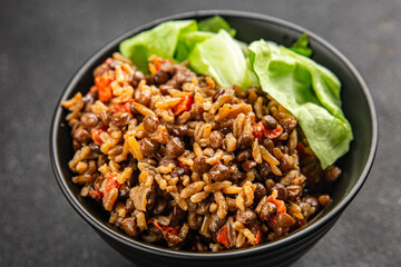 Rice lentil and vegetables snack fresh tasty food dish vegetarian vegan food no meat gourmet food background on the table rustic food top view copy space 
