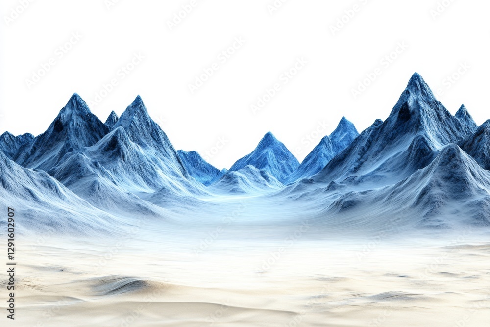 Aufkleber 3D rendering depicting dark blue mountains in the distance, a flat ground, and a white background with a sense of space, created using Unreal Engine and movie lighting techniques to achieve