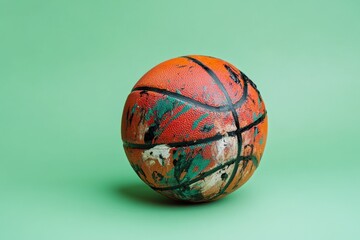 A worn and colored basketball rests on a green background