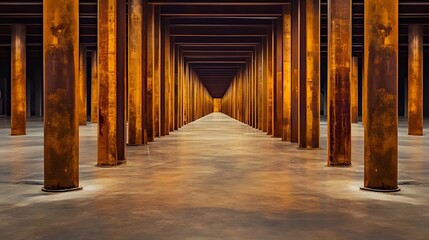 Symmetrical Warehouse Interior with Tall Metal Columns and Smooth Concrete Floor