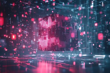 Obraz premium Glowing pink and blue cube with digital data streams in a futuristic cyberspace environment