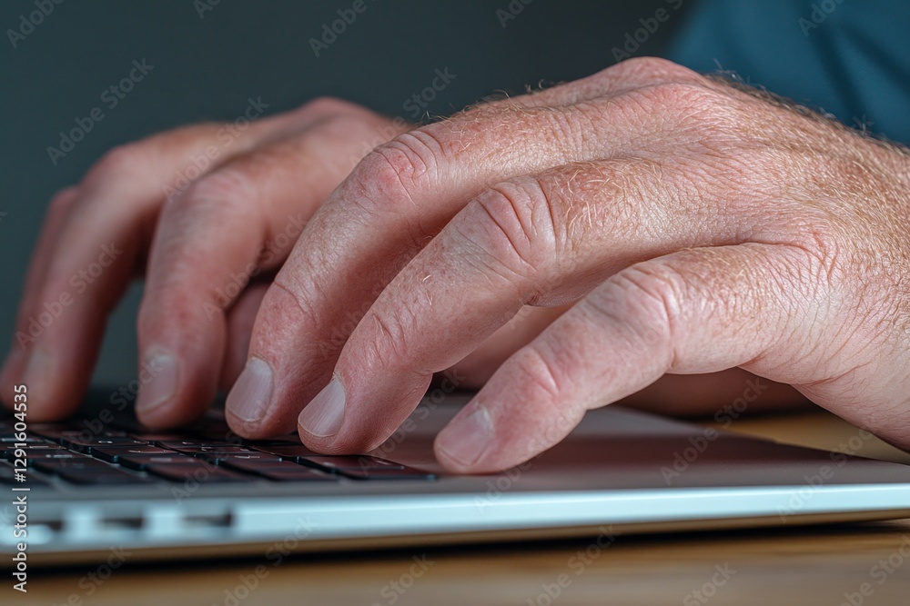 Poster A close-up of hands typing on an open laptop, with sunlight streaming through the window creating soft shadows and highlighting their features. The focus is sharp, capturing every detail from