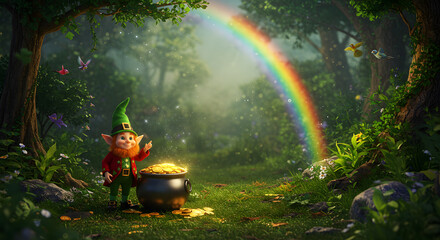 A leprechaun holding a pot of gold at the end of a rainbow in a magical forest, St. Patrick's Day