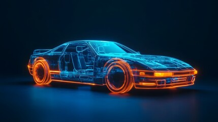 Fototapeta premium Visionary Autonomous Vehicle with Glowing Wireframe Body and Exposed Tech