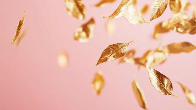 Gold leaves drifting gracefully against a soft pink background create an elegant and whimsical atmosphere in this artistic display of nature's beauty