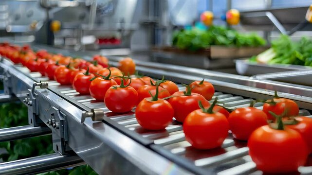 fresh ripe tomatoes on the conveyor