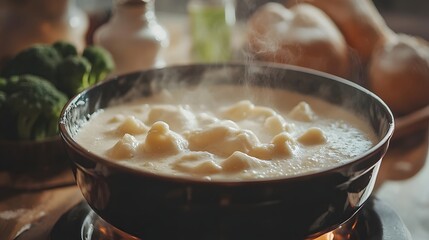 Cozy Cheese Fondue: A close-up captures the enticing sight of a bubbling cheese fondue in a rustic pot, surrounded by fresh vegetables and evoking warmth and comfort.