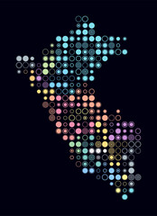 Peru, shape of the country build of colored cells. Digital style map of the Peru on dark background. Large size circle blocks. Amazing vector illustration.