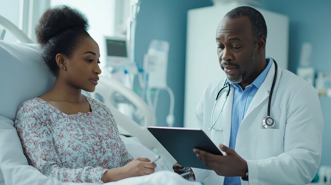 In a bright hospital room, a physician discusses treatment plans with a patient, relying on a tablet for clear communication. The atmosphere is professional yet caring, emphasizing patient engagement
