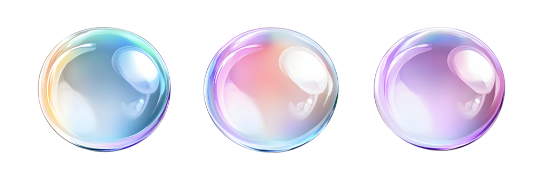 Set of Three Iridescent Soap Bubbles with Colorful Reflections on transparent background