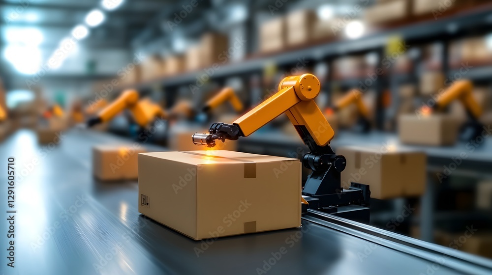 Poster highly automated warehouse with sleek robotic mechanical arms efficiently handling and transporting 