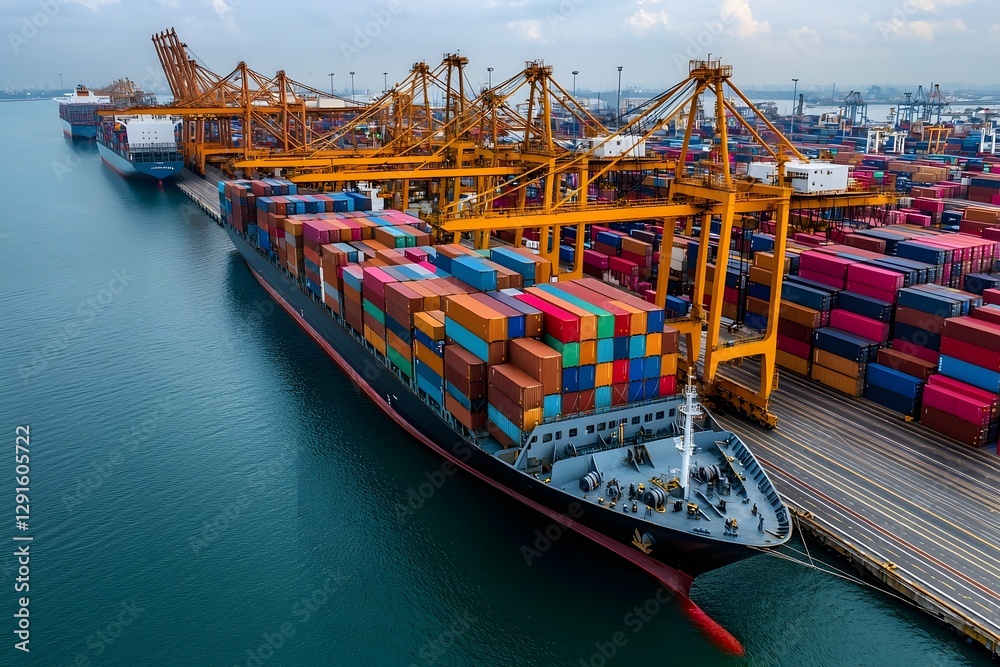 Poster highly efficient seaport terminal handling global logistics with towering cranes and orderly rows of